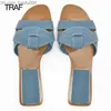 Dress Shoes TRAF summer 2023 blue Denim slippers women's apartment sandals round toe women's casual slippers women's beach slippers flat shoes Z230710