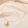 Ketten Retro Blau Türkis Runde Anhänger Halsketten Für Frauen Gold Farbe Edelstahl Lange Kette Mode Schmuck Geschenke