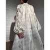 Casual Dresses Luxury Satin Print Long Dress For Women 2023 Fashion Spring Elegant Loose Lantern Sleeve V Neck Lace-up Robe Q032