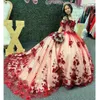 Sexy Quinceanera Vestidos do ombro Dark Red Bury Tulle Ball Vestido 3D Flores florais Crystal Beads Corset de volta para Sweet 15 Girls Party Wear 403