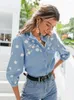 Damenblusen Simplee Denim Hellblau Puffärmel Weibliche Bluse Lässiger Stehkragen Mittellanges Damenhemd Frühling Sommer Büro