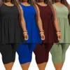 Calça feminina plus size plissada fashion conjunto de verão regata com gola redonda e shorts de duas peças casual cor sólida atacado direto 230705