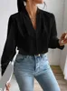 Damesblouses Dames Solide bisschopsmouwenblouse Lange herfst Lente V-hals Top Elegante badjas Kraag Zwart Geplooid Zakelijk Formeel