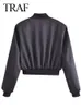 Women's Leather Faux Leather TRAF Female Casual Long Sleeves Single Breasted With Pockets Crop Outfits Women Fashion O-Neck Satin Bomber Jacket 230705