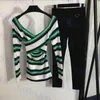 Triangle Badge Pants Set Womens Knitted Tops Stripe Long Sleeve T Shirt Elastic Sports Pant Sexy V Neck Sweater