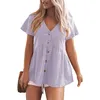 Fritidsklänningar Damtröjor Sommar Knäppning Enfärgad Kortärmad V-ringad Skjorta Lager Ruffle Swing Lös T-shirt Vestidos