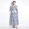 Casual Jurken High Class Blauwe Kleur Bloemen Gedrukt Rechter Stijl Vrouwen Elegante V-hals Trendy Cascading Ruches Taille Party Robe