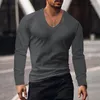 Camisetas masculinas casuais manga longa com decote em V camiseta fina masculina outono lazer sólido simples básico roupas masculinas moda skinny pulôver tops