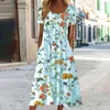 Casual Dresses Lady Dress Flower Print O Neck Short Sleeves Women A-line Loose Hem Mid-calf Length Party Pleated Pockets