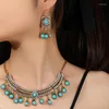 Collier boucles d'oreilles ensemble Vintage Turquoise pour femmes accessoires strass couleur or Antique et cadeau de fête à la mode