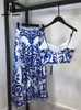 Vestido de duas peças LD Linda della Saias de férias de verão elegantes Mulheres de espaguete curto tira superior azul e branco saias de porcelana 2 peças conjunto 6