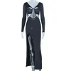 Robes décontractées Sexy découpé Long noir pour les femmes soirée tenue de club maille insérer dos nu haute fente Maxi robe