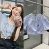 Basic & Casual Dresses designer summer Ruth blue and white vertical stripes embroidered short shirt exposed navel blouse women 17NT