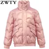 女性のトレンチコート ZWTY 冬ジャケット光沢のあるパーカースタンド Callor ダウン綿暖かいカジュアルパッド入りパーカースノーウェアコート