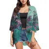 Damenblusen, Damen-Blumendruck, Puffärmel, Kimono-Cardigan, lockere Überdeckung, lässige Streetwear, übergroße Arbeitskleidung, Blusas, koreanische Mode