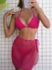 Badkläder för damer Sexig grimma Mesh Beach Cover Up 3st Set Hollow Out Triangle Bikinis Brazilian Biquinis