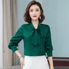 Damblusar Skjortor Elegant ljus rosett satin siden dam skjorta blus långärmad mode koreansk kontor dam arbetsskjorta bas kvinnliga toppar 230705