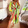 Casual Dresses Colorful Print Midi Dress With Low-cut V Neck Three Quarter Sleeves High Split Stylish Women's Party For Fall Spring