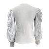 Camisetas Femininas Femininas Top Médio Casual Imitação Outono Gola Alta Negócios Branco Preto Puff Xadrez Feminino Algodão
