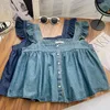 Bluzki damskie Denim Ruffles dla kobiet dżinsy bez rękawów plisowany kwadratowy kołnierzyk zapinany Femme gorset krótkie podkoszulki Skinny Camisoles