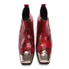 Britisch 6572 Winter echter Leder -Knöchel für Männer Red Snake Skin Skin Square Zehen Metall Stiefel Motorradkleid Party Mann