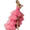 High Low Tiered Pink Prom Dresses Strapless Sleeveless Special Occasion Gowns Short Front Long Back A Line Tulle Evening Wear For Women