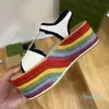 2023-Classic Ladies New Straw Sandals Wedge Sandals Designer Open Toe Rainbow High Heals Rubber Non-Slip Handmade Casual Shoes 35-41