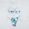 Stroje kąpielowe damskie drukuj 3-częściowe bikini ze szortami seksowny strój kąpielowy z dekoltem w serek 2023 wysokiej talii strój kąpielowy dla kobiet krawat z przodu Biquini