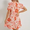 Casual Dresses Summer Sweet V-Neck Flower Printed Short Dress for Women Chiffon Puff Sleeve Loose A-Line Fashion Robe Femme 26075