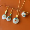 Ketting oorbellen set origineel natuurlijk hetian witte jade sieraden Chinees uniek oud goud vakmanschap jubileum cadeau