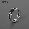 LIVVY Silver Color Black Stone Open Double Ring For Women Couple Vintage Fashion Handmade Jewelry Gift