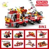 Diecast Model HUIQIBAO Stad Brandbestrijding 8in1 Vrachtwagens Auto Helikopter Boot Bouwstenen Brandweerman Cijfers Man Bricks Speelgoed Voor Kinderen 230705