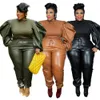 Women's Plus Size Pants PU women's clothing oversized set twopiece puff sleeves patchwork crops and pants street wholesale direct shipment in 230705