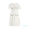 2023 Summer White Solid Color Dress Short Sleeve Round Neck Buttons Knee-Length Casual Dresses