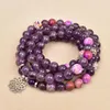 Strand cristal violet naturel et acier inoxydable Lotus charme perlé Bracelet élastique 108mala Yoga bijoux