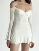 Lässige Kleider Aventurine Frauen Volants Edge Skinny White Minikleid Lange ausgestellte Ärmel Spaghetti Strap Off Shoulder Low Cut Sling Party