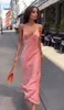Повседневные платья Стильное леди -атласное длинное платье 2023 летние женщины -спагетти ремешок v nembon bodycon sexy club вечеринка вечера розовый