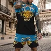 Men's Tracksuits Summer Suit Gold Pattern Print T Shirt Shorts 2 Piece Set Clothing Matching Sets Casual Clothes Tees Oversized