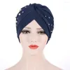 Ethnic Clothing 2023 Women Ruffle Hijabs Beads Pearls Turban Caps Islamic Twist Bonnet Stretchy Beading Headscarf Warp African Hat