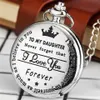 Love Letter Pocket Watch - Vintage Silver Black Gold Engraved 'To My Daughter' Analog Quartz FOB Pendant for Girls Children's G2233