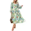 Freizeitkleider Damenmode Bohemian Langes Kleid V-Ausschnitt Ärmel Blumendruck Elegante Strandparty für den Urlaub