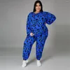 Calças femininas de duas peças 2 conjuntos de roupas femininas estampa de leopardo solto decote em O manga comprida pulôver calças de lã 2 peças terno casual roupas esportivas