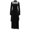 Robes Décontractées Halloween Party Robe Longue Noir Taille Haute Manches Évasées Dentelle Découpe Gothique Maxi Rue Esthétique Clubwear