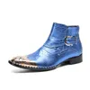 Qualitätsschuhe hohe echte Leder -Knöchelstiefel für Männer Blau Schlange Haut Stahl Zehen Schnalle Mann Kleid Flats Bota Maskulina