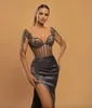 Сексуальные серые платья с высоким разрезом Прозрачный лиф с длинными рукавами и кружевом Аппликация Вечерние платья для выпускного вечера Корсет Женские вечерние Ocn Vestidos