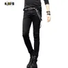 Selling Mens Korean Designer Black Slim Fit Jeans Punk Cool Super Skinny Pants With Chain For Male S913294j