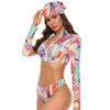 Maillots de bain pour femmes S-5XL Plus 3 pièces/ensemble maillot de bain à manches longues costumes imprimé maillot de bain pour les femmes fermeture éclair haut et short avec écharpe