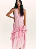Vestidos casuais básicos inspirados no Boho vestido maxi rosa para mulheres com decote em V sem mangas cintura alta vestido de verão com babados duplos vestido de festa longo 230705