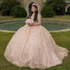 2023 Ball Gown Quinceanera Dresses Bridal Gowns Blush Pink Sparkly Rose Gold Sequined Illusion Corset Hollow Back Sequins Long Sleeves Sweet 16 Dress With Flowers