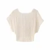 القمصان البلوزات النسائية TRAF Beige Crop Top Women Knot Ruched Top Female Sleeve Short Discal Tops for Women Summer Chiffon Stirts and Blotes Women 230705